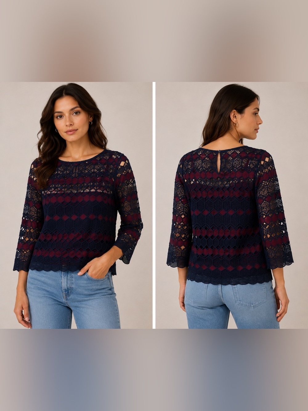 Vintage Etcetera Lace Top Size 2 Burgundy & Navy Blue Sheer Long Sleeve